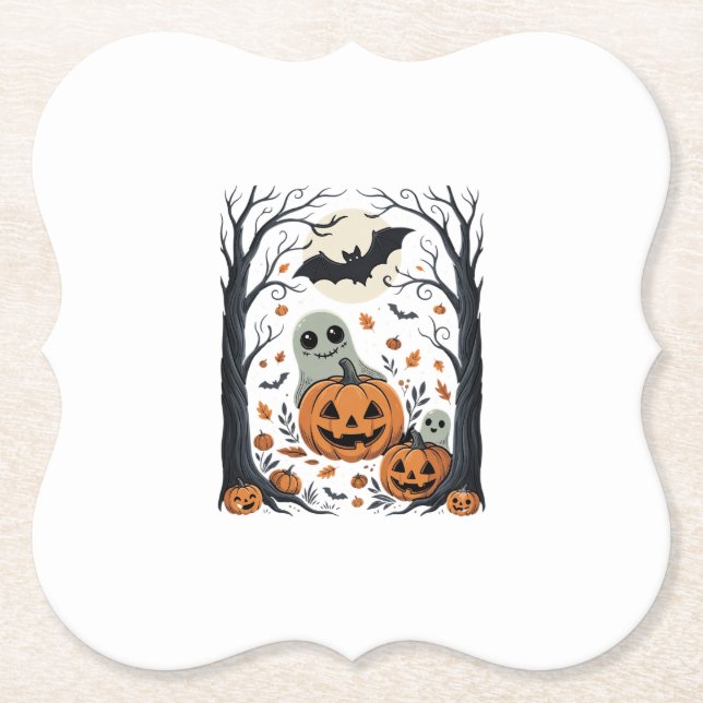 Cute Halloween Ghosts and Jack O Lantern Forest Paper Coaster (Front)