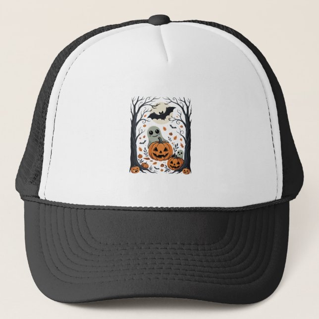 Cute Halloween Ghosts and Jack O Lantern Forest Trucker Hat (Front)