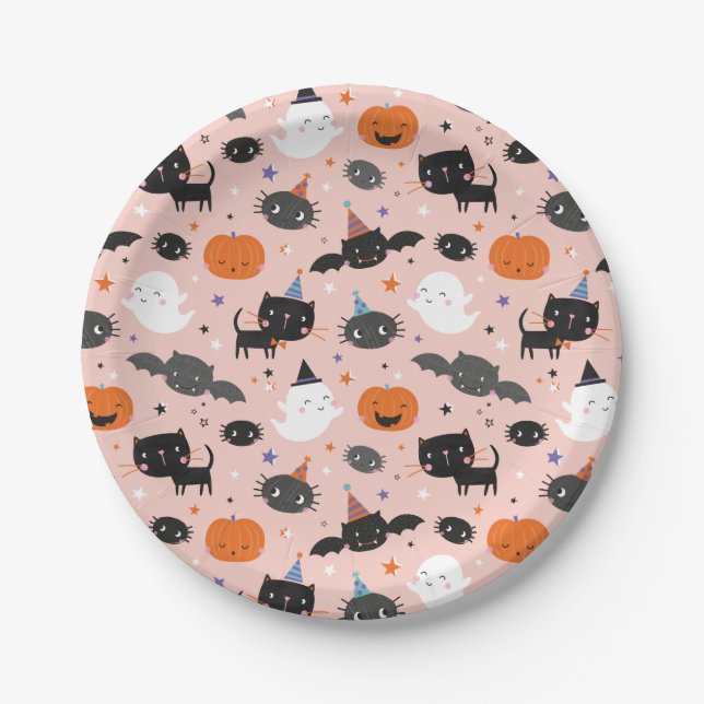 Cute Halloween Ghosts, Cats, Bats and Pumpkins Paper Plate (Front)