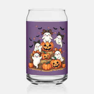 Cute Halloween Ghosts In Coquette Bows & Pumpkins Can Glass