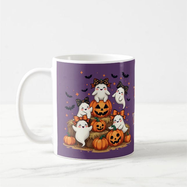 Cute Halloween Ghosts In Coquette Bows & Pumpkins Coffee Mug (Left)