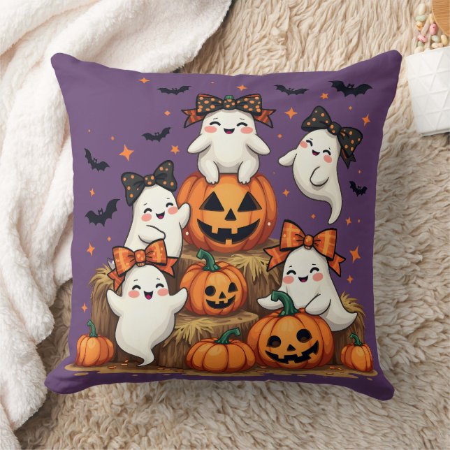 Cute Halloween Ghosts In Coquette Bows & Pumpkins Cushion (Blanket)