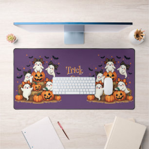 Cute Halloween Ghosts In Coquette Bows & Pumpkins Desk Mat