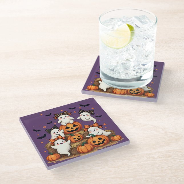 Cute Halloween Ghosts In Coquette Bows & Pumpkins Glass Coaster (Angled)