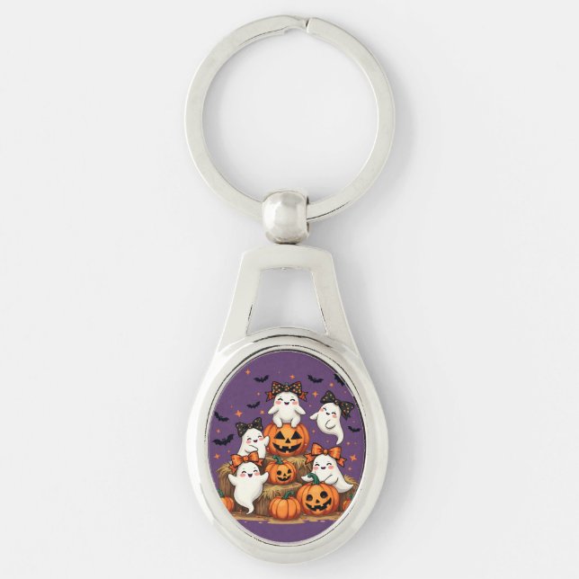 Cute Halloween Ghosts In Coquette Bows & Pumpkins Key Ring (Front)