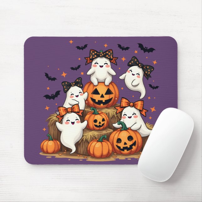 Cute Halloween Ghosts In Coquette Bows & Pumpkins Mouse Mat (With Mouse)