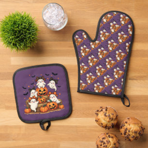 Cute Halloween Ghosts In Coquette Bows & Pumpkins Oven Mitt & Pot Holder Set