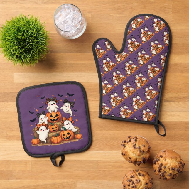 Cute Halloween Ghosts In Coquette Bows & Pumpkins Oven Mitt & Pot Holder Set (Top Down)