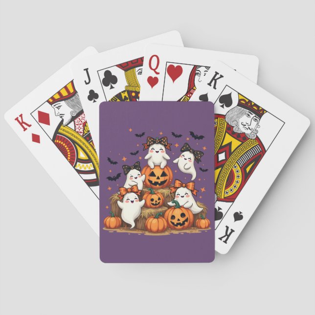 Cute Halloween Ghosts In Coquette Bows & Pumpkins Playing Cards (Back)