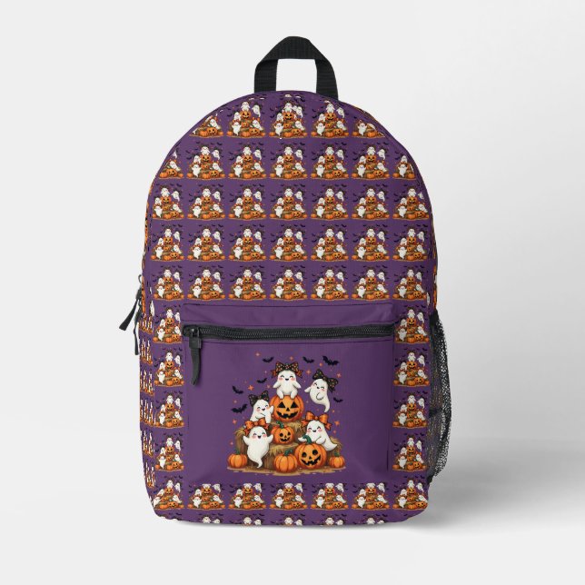 Cute Halloween Ghosts In Coquette Bows & Pumpkins Printed Backpack (Front)