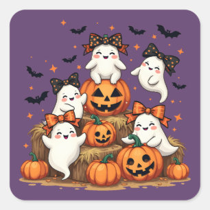 Cute Halloween Ghosts In Coquette Bows & Pumpkins Square Sticker