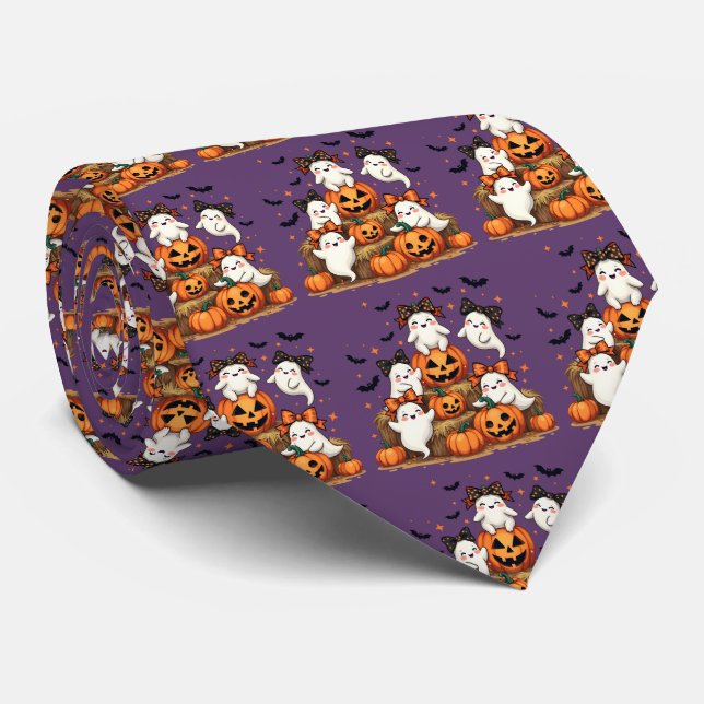 Cute Halloween Ghosts In Coquette Bows & Pumpkins Tie (Rolled)
