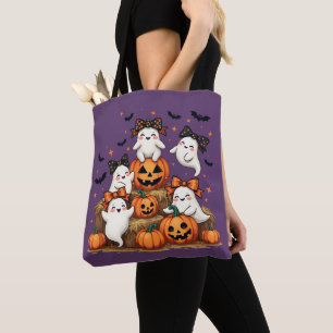 Cute Halloween Ghosts In Coquette Bows & Pumpkins Tote Bag
