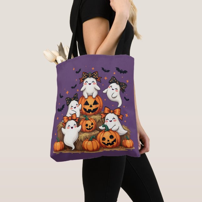 Cute Halloween Ghosts In Coquette Bows & Pumpkins Tote Bag (Close Up)