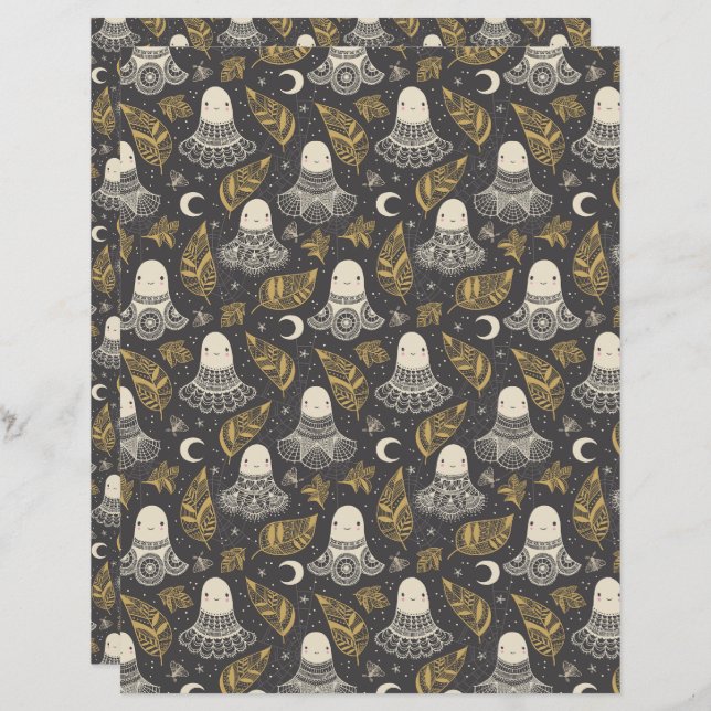 Cute Halloween Ghosts Lace - Gold Scrapbook Paper (Front/Back)