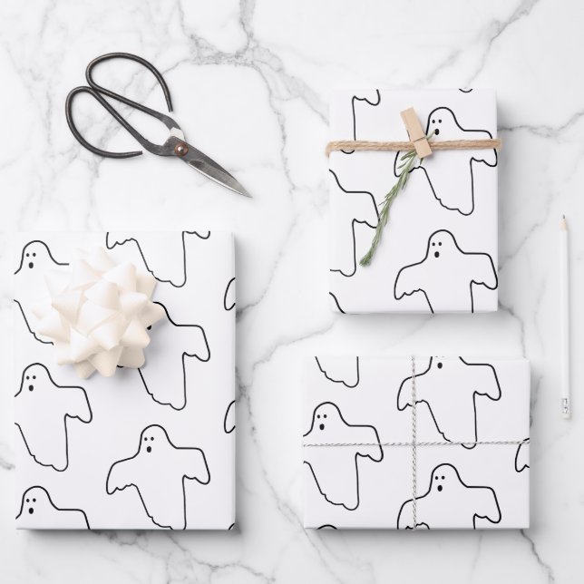 Cute Halloween Ghosts Outline Wrapping Paper Sheet (Front)