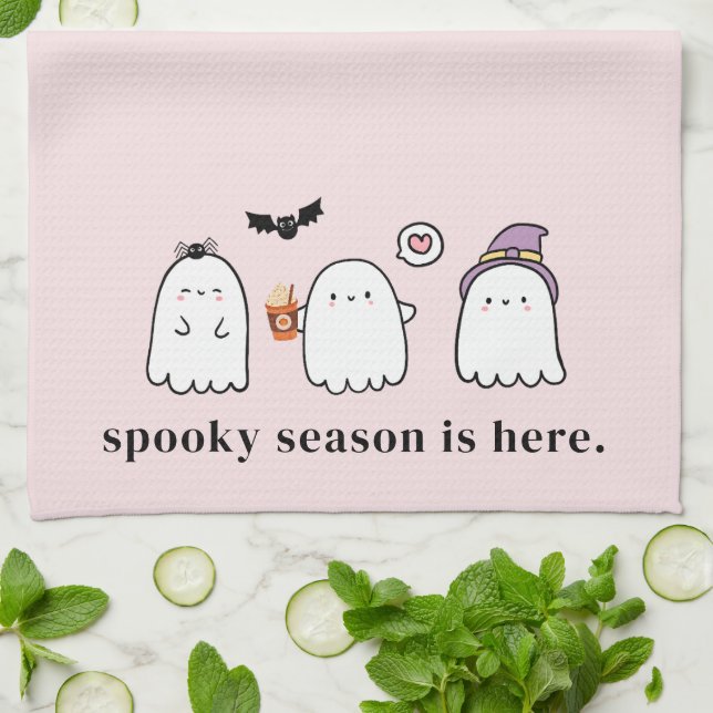 Cute Halloween Ghosts Spooky Season Pink Tea Towel (Folded)