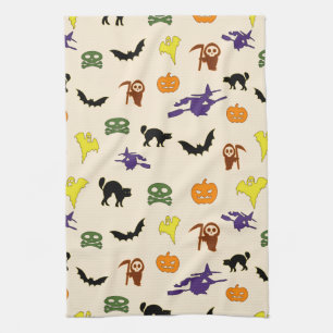 Cute Halloween ghosts witches doodle Pattern Tea Towel