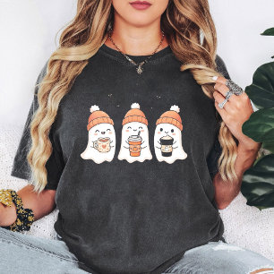 Cute Halloween Ghosts With Autumn Drinks & Bats T-Shirt