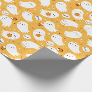 Cute Halloween Ghosts with pumpkins on orange Wrapping Paper