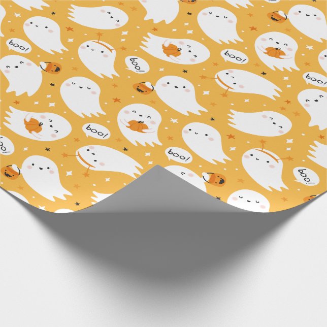 Cute Halloween Ghosts with pumpkins on orange Wrapping Paper (Corner)