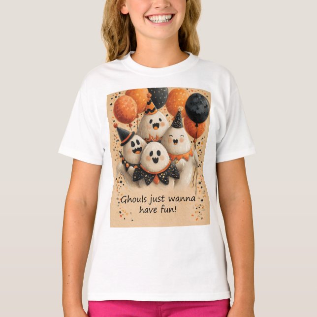 Cute Halloween Ghosts with Text T-Shirt (Front)