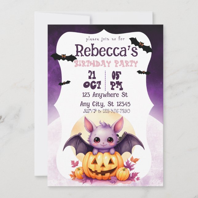 Cute Halloween Girl Halloween Party Purple Bat Invitation (Front)