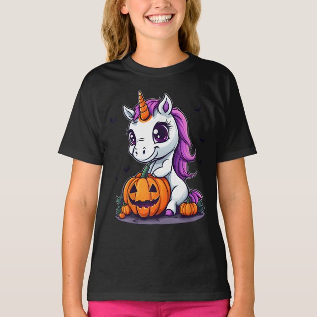 Cute Halloween Girls Witchy Unicorn Halloween T-Shirt (Front)