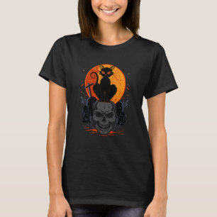 Cute Halloween Gothic Black Cat Standing On Skull T-Shirt