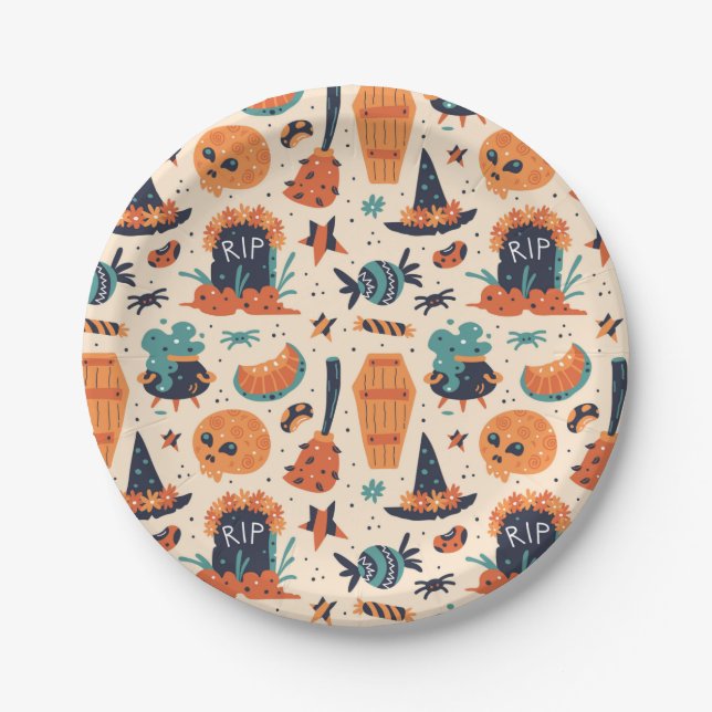 Cute Halloween Gravestone & Cauldrons  Paper Plate (Front)