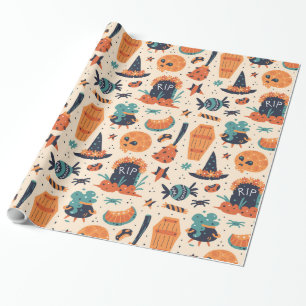 Cute Halloween Gravestone & Cauldrons  Wrapping Paper