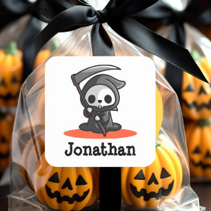Cute Halloween Grim Reaper Ghost Name Square Sticker