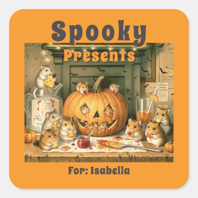 Cute Halloween Hamster Snack Party Square Sticker (Front)