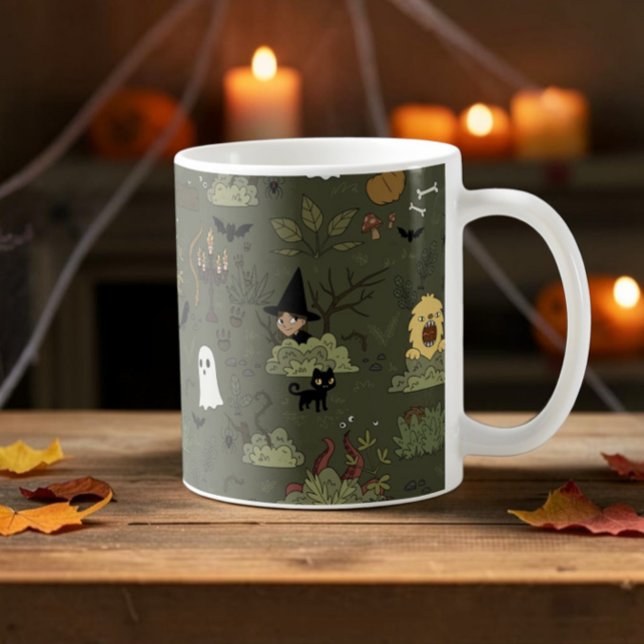 Cute Halloween Haunted Forest Pattern Coffee Mug (Cute haunted forest mug with cartoon witches, whimsical monsters and ghosts, in a halloween setting)