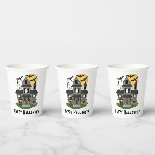 Cute Halloween haunted house and little witch Paper Cups (Multi)