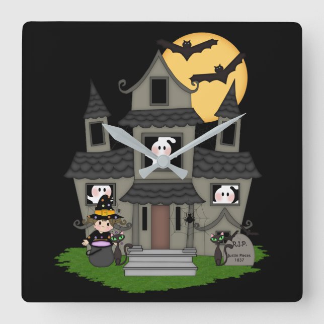 Cute Halloween haunted house and little witch Squa Square Wall Clock (Front)