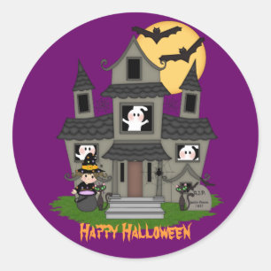 Cute Halloween haunted house & little witch Classic Round Sticker