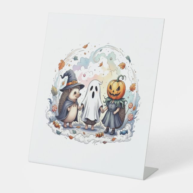 Cute Halloween Hedgehogs Costume Pedestal Sign (Front)