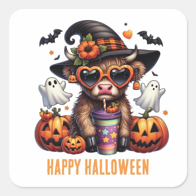Cute Halloween Highland Cow Coffee Personalised Square Sticker (Front)