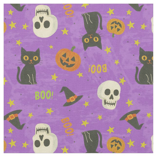 Cute Halloween Icons Pattern - Purple Fabric (Close Up)