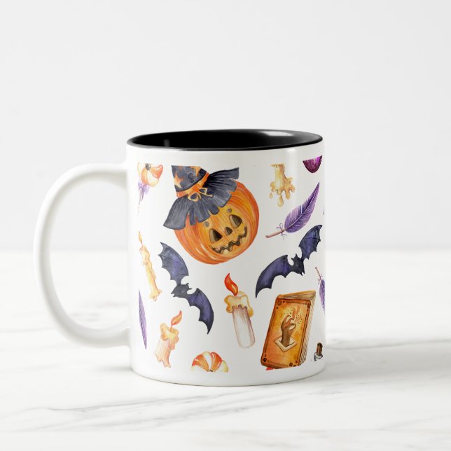 Cute Halloween illustration with pumpkin and bats Two-Tone Coffee Mug (Left)
