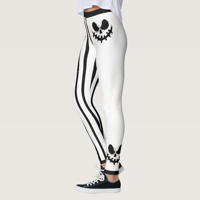 Cute Halloween Jack-O-Lantern Faces and Stripes Leggings (Left)