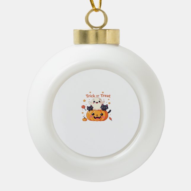 Cute Halloween - Kawaii Ghost and Black Cats Class Ceramic Ball Christmas Ornament (Front)
