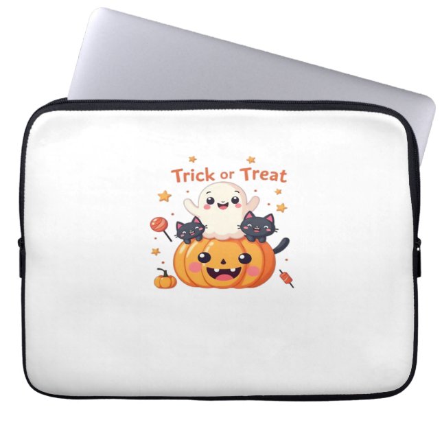 Cute Halloween - Kawaii Ghost and Black Cats Class Laptop Sleeve (Front)