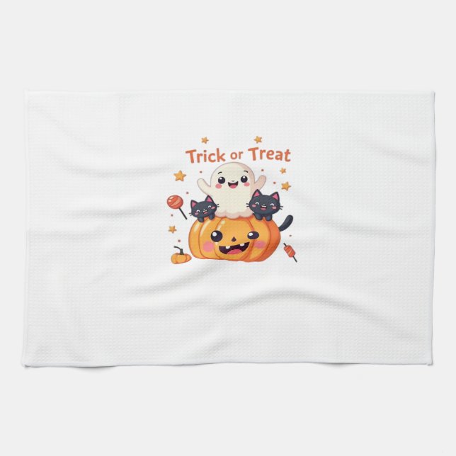 Cute Halloween - Kawaii Ghost and Black Cats Class Tea Towel (Horizontal)