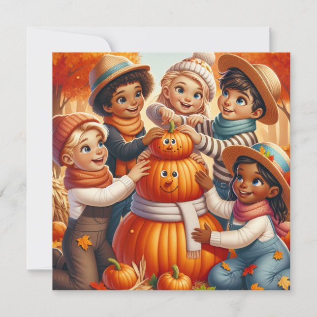 Cute Halloween Kids Make Pumpkin Snowman Holiday Card (Front)