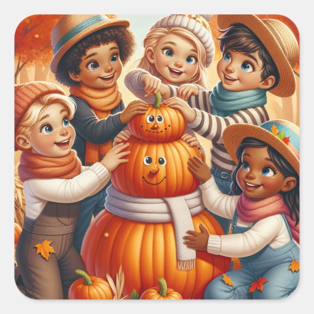 Cute Halloween Kids Make Pumpkin Snowman Square Sticker (Front)