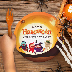 Cute Halloween Kids Orange Birthday Party Paper Plate