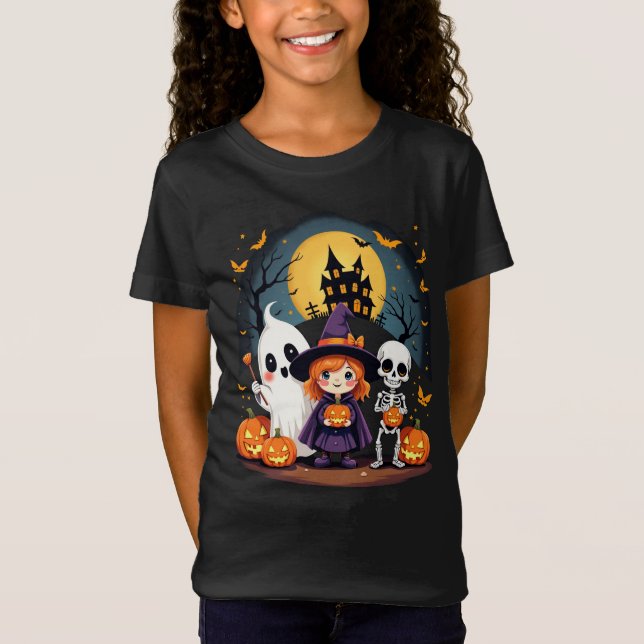 Cute Halloween Kids Tee Ghost Witch Skeleton (Front)