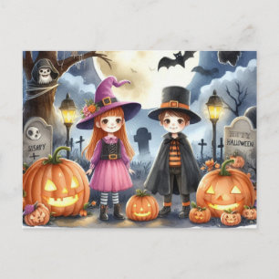 Cute Halloween Kids Watercolor Postcard